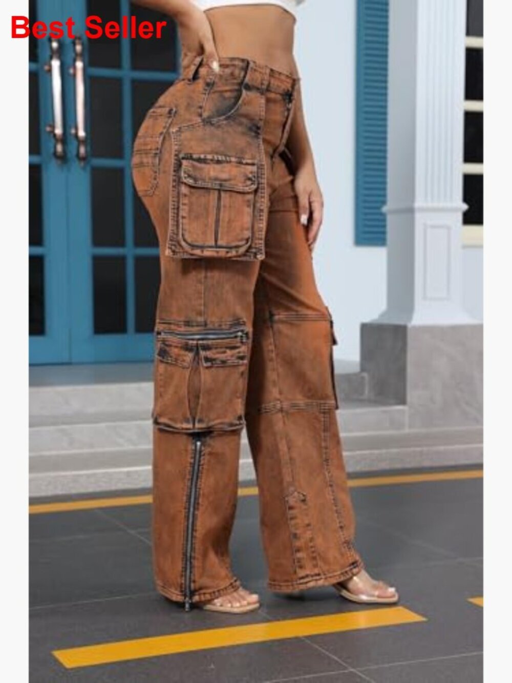 Polyester and Spandex Blend Cargo Pants with Side Zipper and Pockets - Picture 2 of 7